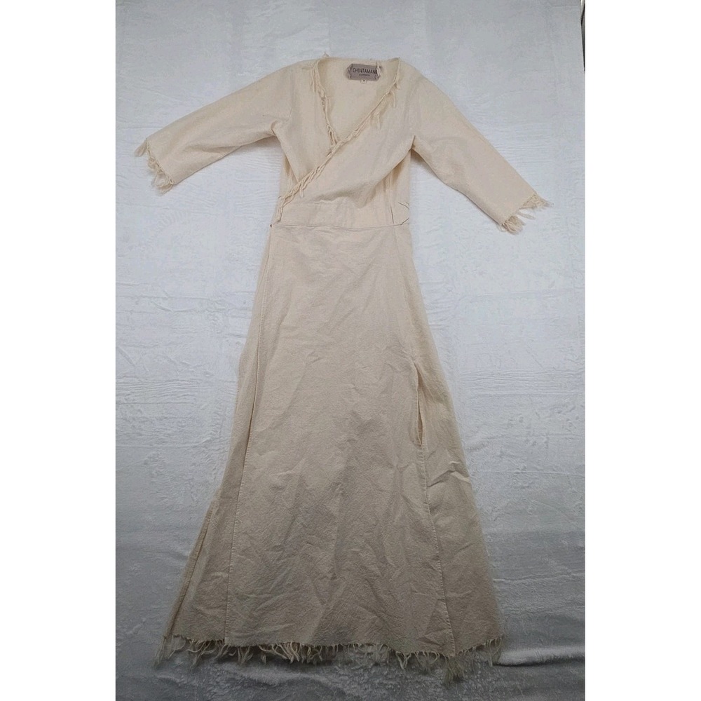 Chintamani Alchemistry Raw Cotton Boho Wrap Maxi Dress White Fringe Wedding - Picture 5 of 6